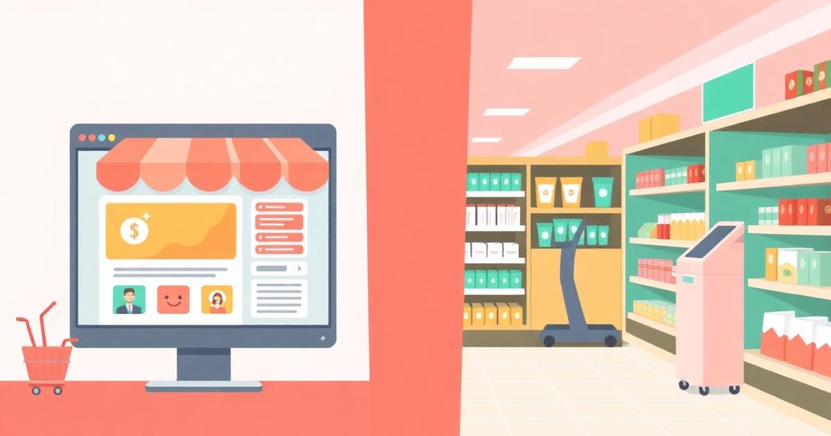 Split illustration comparing a browser shopping app with a supermarket aisle